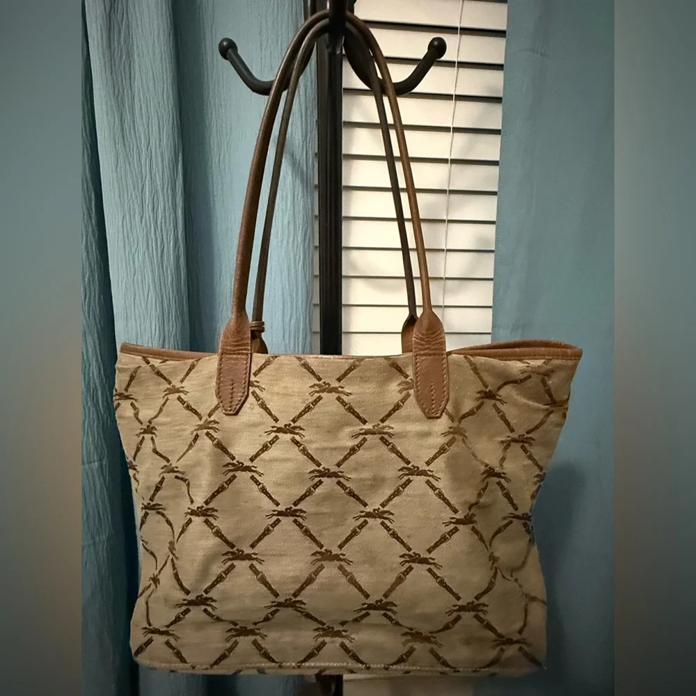 Longchamp Beige Canvas Tote with Brown Leather Trim